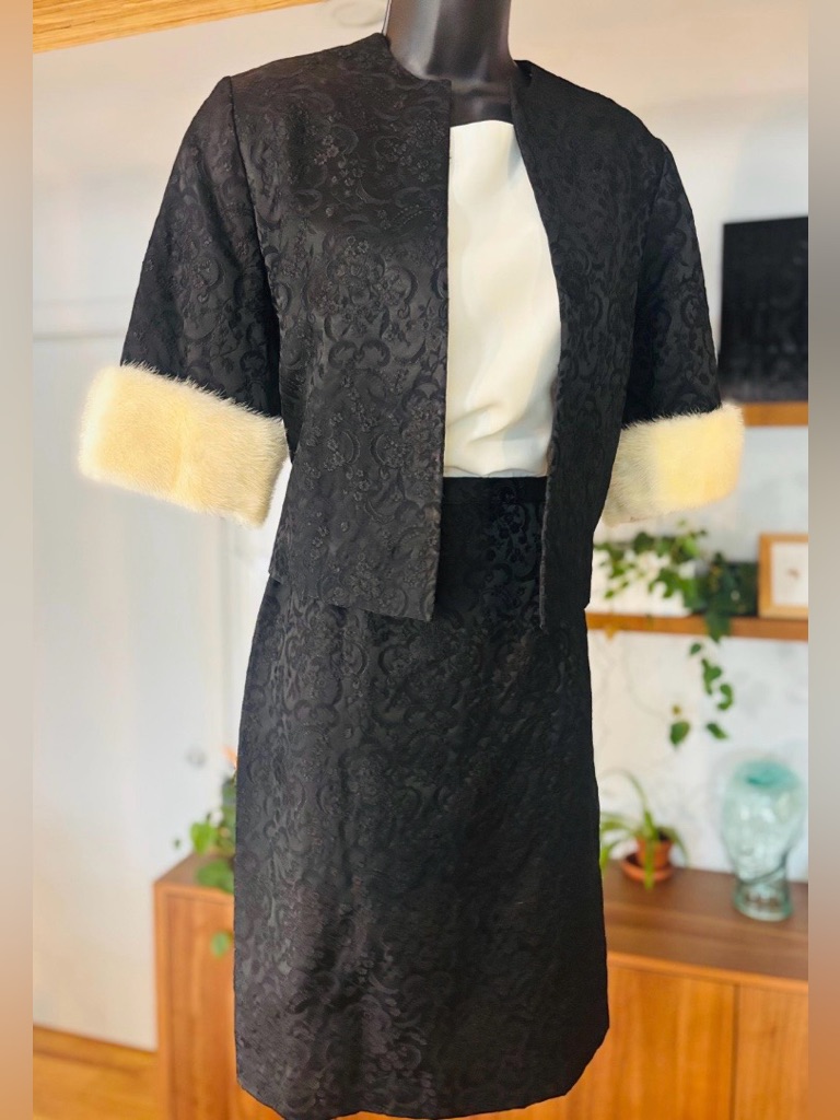 Vintage 1960s Handmade Brocade Set With Rabbit Fur Unique One-Of-A-Kind